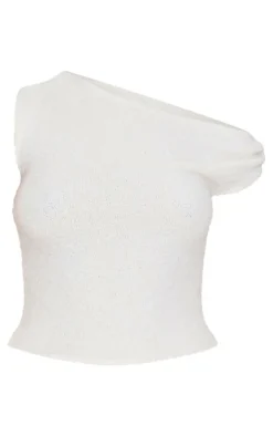 Outlet PrettyLittleThing Fluffy Boucle Knit Asymmetric Ruched Shoulder Top Cream