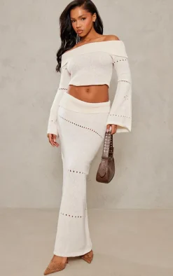 Discount PrettyLittleThing Fold Over Knit Maxi Skirt Cream