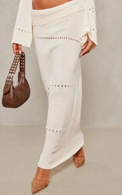 Discount PrettyLittleThing Fold Over Knit Maxi Skirt Cream