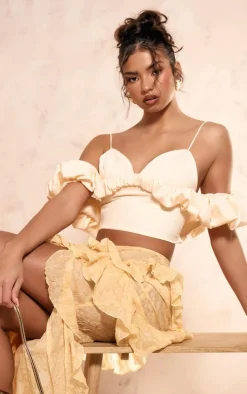 Cream Frill Bardot Sleeve Crop Top
