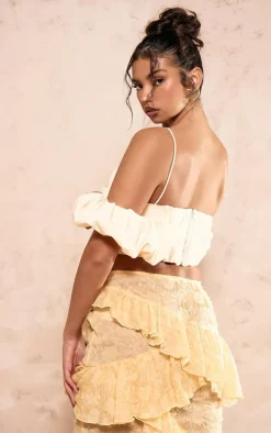 Cream Frill Bardot Sleeve Crop Top