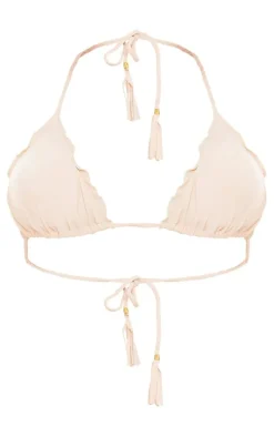 Cream Frill Edge Plaited Strap Triangle Bikini Top