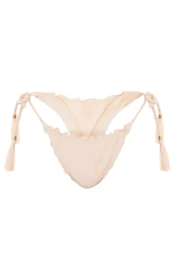 Cream Frill Edge Plaited Strap Tie Side Bikini Bottoms
