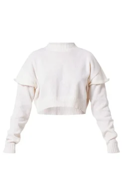 PrettyLittleThing Sweaters*Frill Edge Sleeve Detail Crop Sweater
