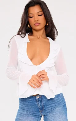 PrettyLittleThing Shirts*Frill Plunge Long Sleeve Frill Cuff Blouse