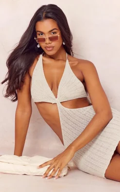 Cream Halter Neck Tie Crochet Dress