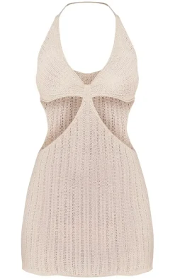 Cream Halter Neck Tie Crochet Dress