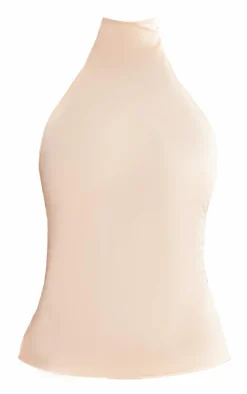 New PrettyLittleThing Halterneck Matte Touch High Neck Top Cream