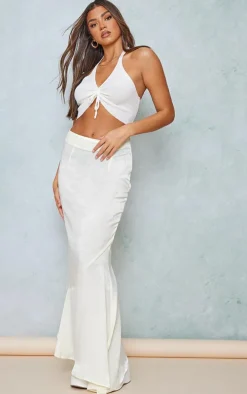 Cream Hammered Satin Fishtail Midaxi Skirt