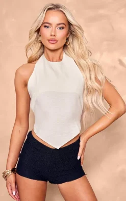 Cream Hammered Satin Tie Back Halterneck Top