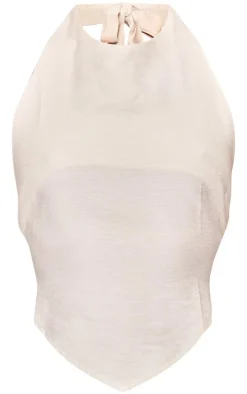 Cream Hammered Satin Tie Back Halterneck Top