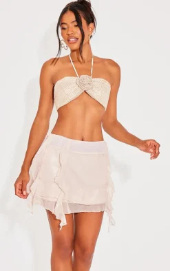Cream Iridescent Chiffon Ruffle Trim Mini Skirt