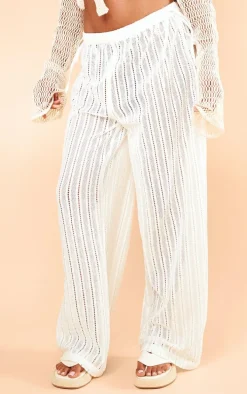 Cream Jacquard Elasticated Waist Wide Leg Pants