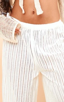 Cream Jacquard Elasticated Waist Wide Leg Pants