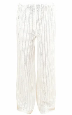 Cream Jacquard Elasticated Waist Wide Leg Pants
