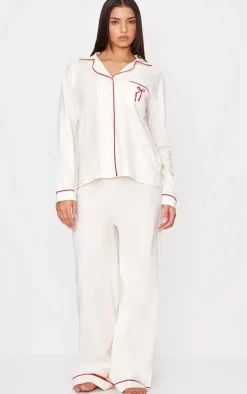 PrettyLittleThing Christmas Pajamas*Jersey Piping Embroidered Bow Long PJ Set