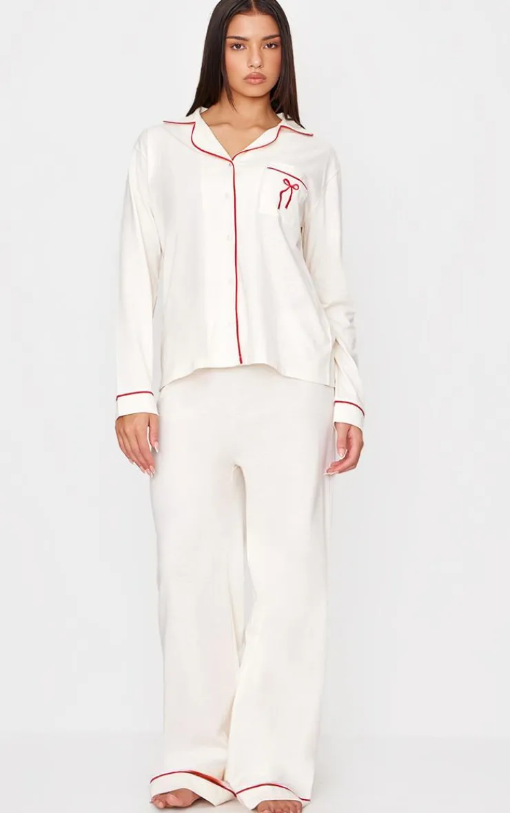 PrettyLittleThing Christmas Pajamas*Jersey Piping Embroidered Bow Long PJ Set