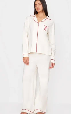 PrettyLittleThing Christmas Pajamas*Jersey Piping Embroidered Bow Long PJ Set