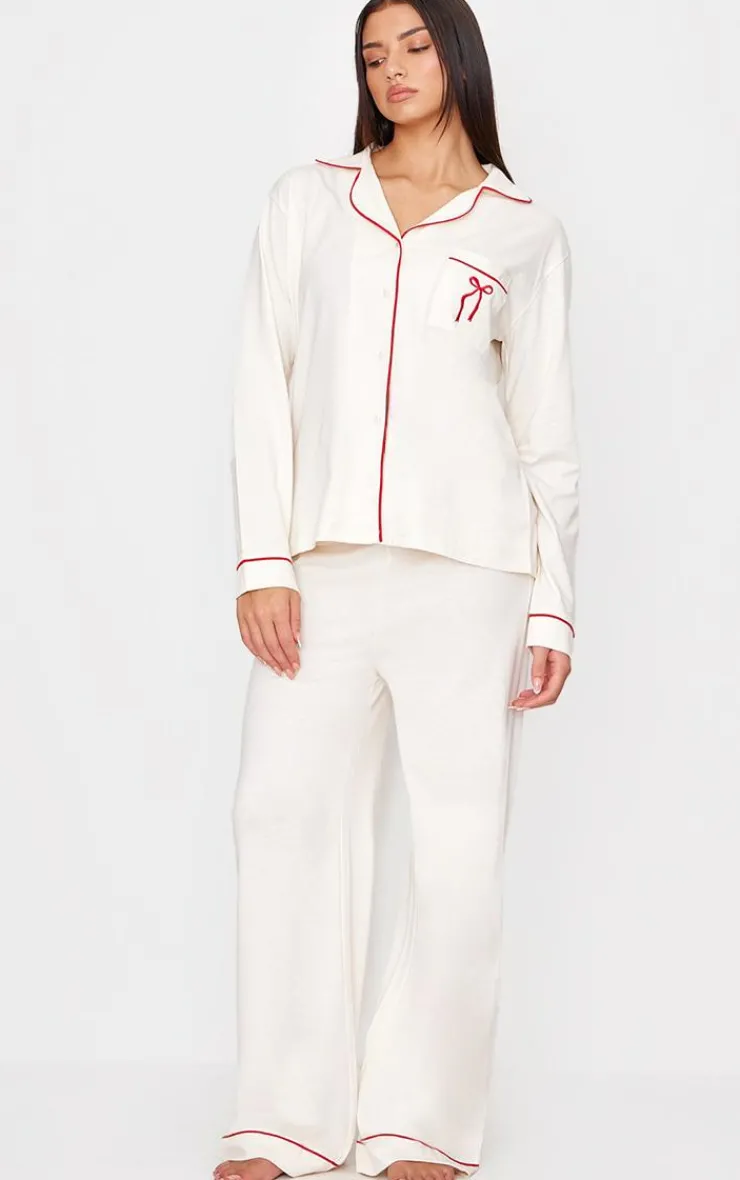 PrettyLittleThing Christmas Pajamas*Jersey Piping Embroidered Bow Long PJ Set