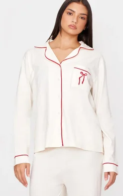 PrettyLittleThing Christmas Pajamas*Jersey Piping Embroidered Bow Long PJ Set