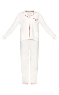 PrettyLittleThing Christmas Pajamas*Jersey Piping Embroidered Bow Long PJ Set