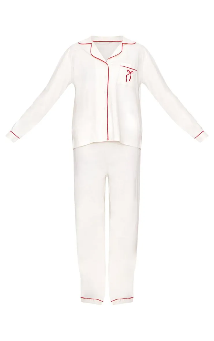 PrettyLittleThing Christmas Pajamas*Jersey Piping Embroidered Bow Long PJ Set