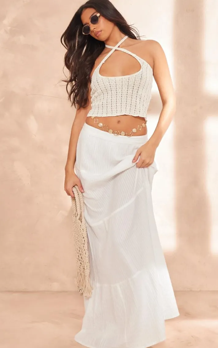 Cream Knit Look Cut Out Halter Crop Top