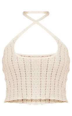 Cream Knit Look Cut Out Halter Crop Top