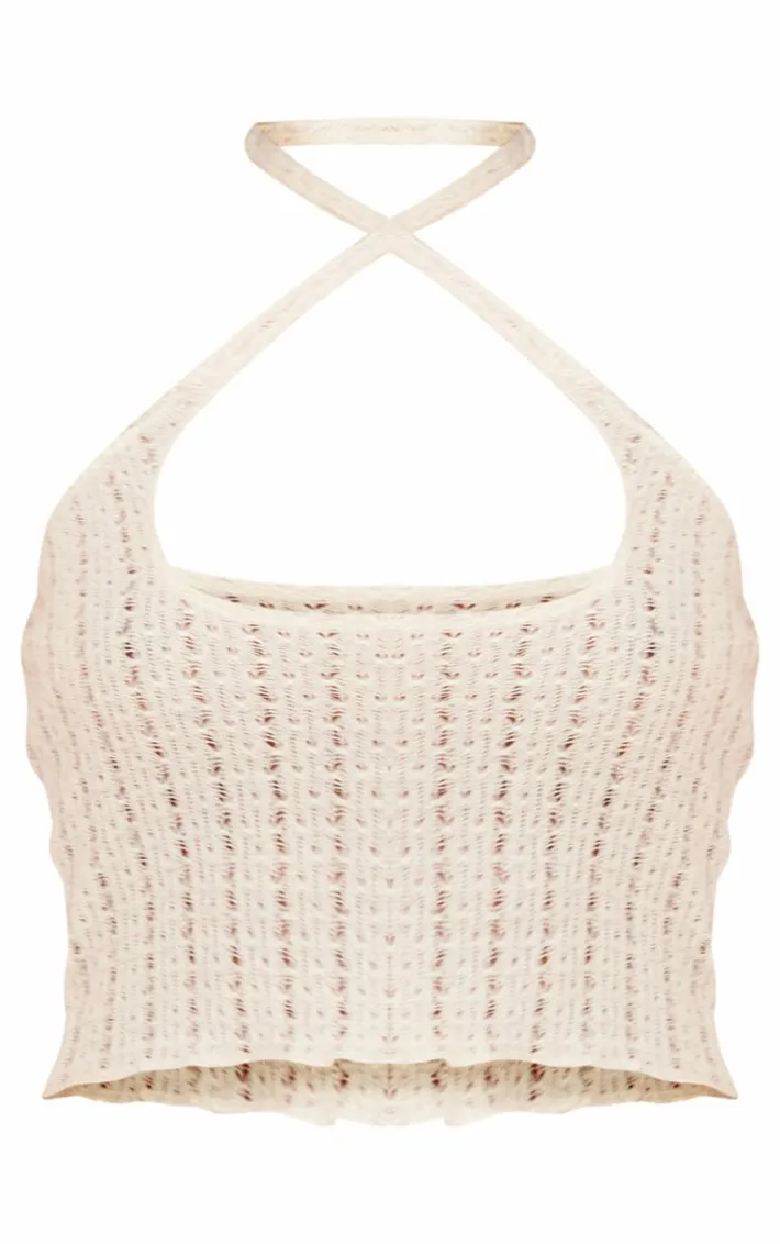Cream Knit Look Cut Out Halter Crop Top