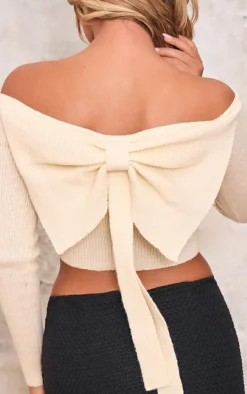 PrettyLittleThing Knitted Tops*Knitted Bow Back Bardot Top