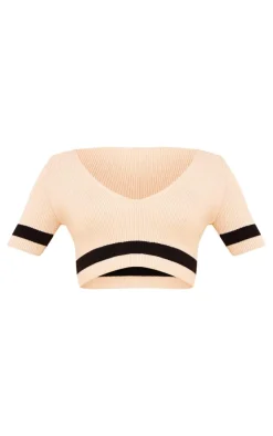 Outlet PrettyLittleThing Knitted Contrast Detail V Front Crop Top Cream