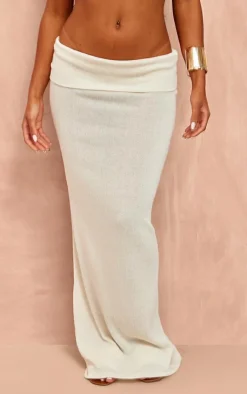 New PrettyLittleThing Knitted Foldover Waistband Low Rise Maxi Skirt Cream
