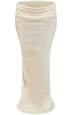 New PrettyLittleThing Knitted Foldover Waistband Low Rise Maxi Skirt Cream
