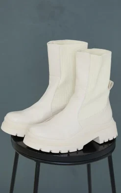 PrettyLittleThing Ankle Boots*Knitted Panel Wave Sole Chunky Calf High Ankle Boots