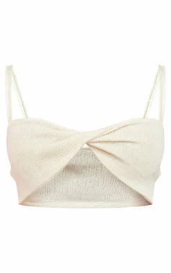 Online PrettyLittleThing Knitted Twist Cami Crop Top Cream