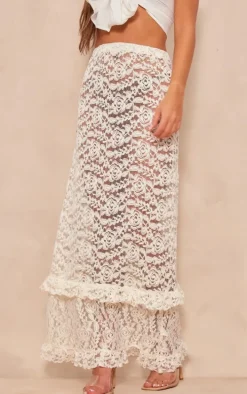 Cream Lace Frill Trim Maxi Skirt