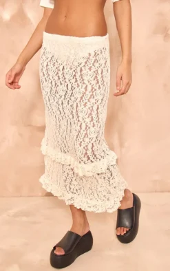 Cream Lace Frill Trim Midi Skirt
