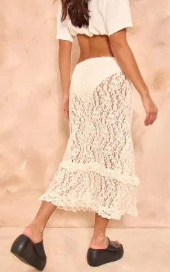 Cream Lace Frill Trim Midi Skirt