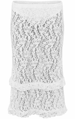 Cream Lace Frill Trim Midi Skirt