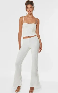 Online PrettyLittleThing Lace Mesh Panel Straight Leg Pants Cream