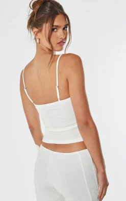 New PrettyLittleThing Lace Ruched Mesh Strappy Top Cream