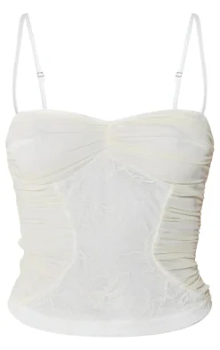 New PrettyLittleThing Lace Ruched Mesh Strappy Top Cream