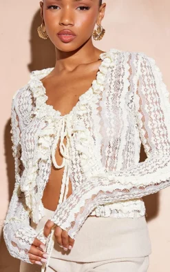 PrettyLittleThing Blouses*Lace Ruffle Detail Tie Blouse