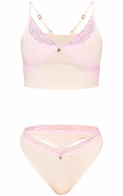 Cream Lace Trim Bralette And Thong Lingerie Set