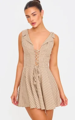 Lace Up Check Shift Dress-PrettyLittleThing Discount