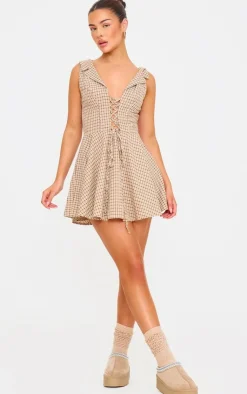 Lace Up Check Shift Dress-PrettyLittleThing Discount