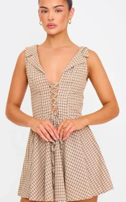 Lace Up Check Shift Dress-PrettyLittleThing Discount