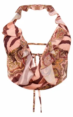 Online PrettyLittleThing Leopard Print Chiffon Ruffle Halterneck Top Cream