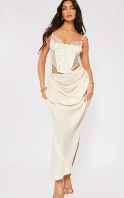 Cream Lined Chiffon Ruched Midaxi Skirt