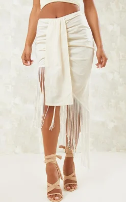 Cream Linen Feel Fringe Asymmetric Skirt